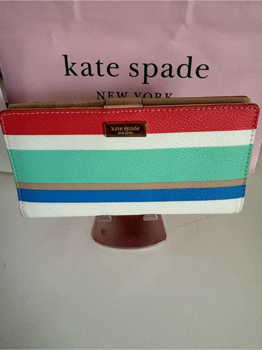 kate spade Multicolor Striped Leather Wallet - Red, White, Mint, Blue, Tan